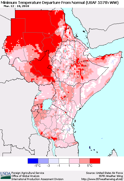 Eastern Africa Mean Minimum Temperature Departure from Normal (USAF 557th WW) Thematic Map For 3/12/2018 - 3/18/2018