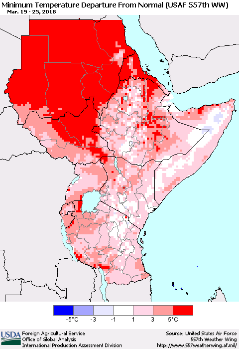 Eastern Africa Mean Minimum Temperature Departure from Normal (USAF 557th WW) Thematic Map For 3/19/2018 - 3/25/2018