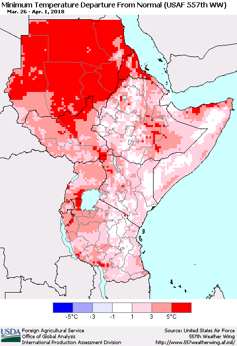 Eastern Africa Mean Minimum Temperature Departure from Normal (USAF 557th WW) Thematic Map For 3/26/2018 - 4/1/2018