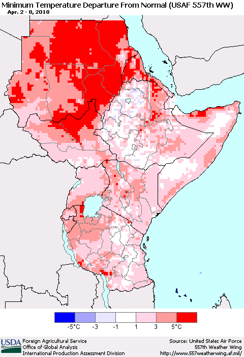 Eastern Africa Mean Minimum Temperature Departure from Normal (USAF 557th WW) Thematic Map For 4/2/2018 - 4/8/2018