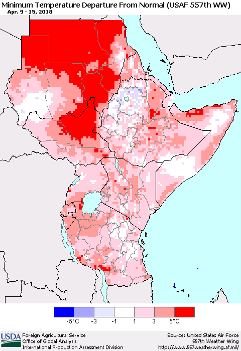 Eastern Africa Mean Minimum Temperature Departure from Normal (USAF 557th WW) Thematic Map For 4/9/2018 - 4/15/2018