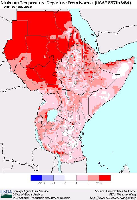 Eastern Africa Mean Minimum Temperature Departure from Normal (USAF 557th WW) Thematic Map For 4/16/2018 - 4/22/2018
