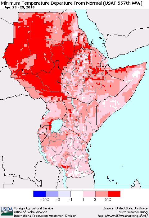 Eastern Africa Mean Minimum Temperature Departure from Normal (USAF 557th WW) Thematic Map For 4/23/2018 - 4/29/2018