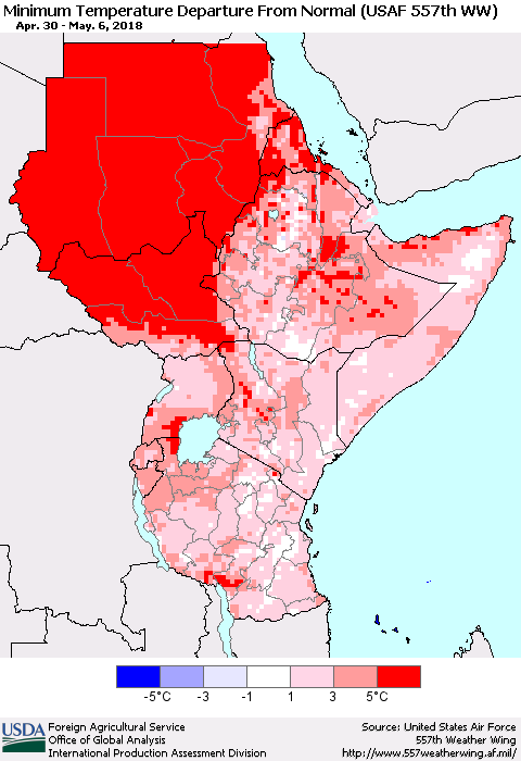 Eastern Africa Mean Minimum Temperature Departure from Normal (USAF 557th WW) Thematic Map For 4/30/2018 - 5/6/2018