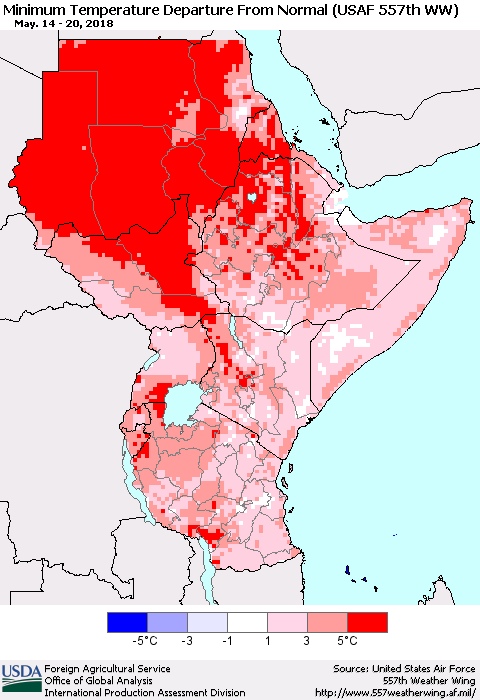 Eastern Africa Mean Minimum Temperature Departure from Normal (USAF 557th WW) Thematic Map For 5/14/2018 - 5/20/2018