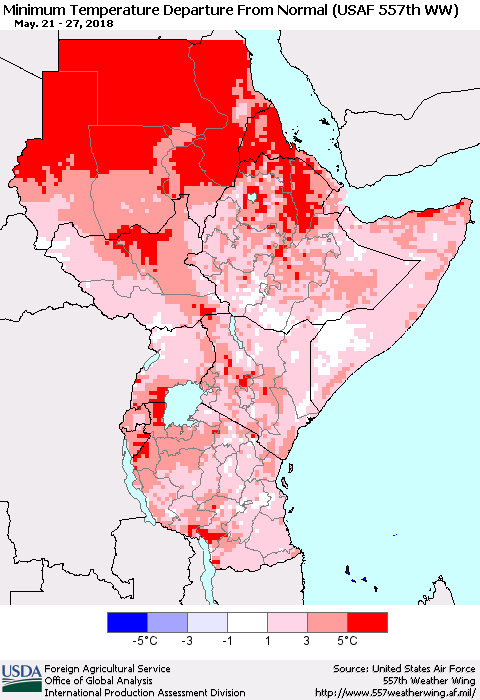 Eastern Africa Mean Minimum Temperature Departure from Normal (USAF 557th WW) Thematic Map For 5/21/2018 - 5/27/2018