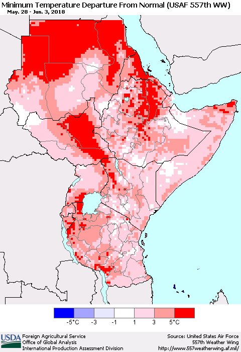 Eastern Africa Mean Minimum Temperature Departure from Normal (USAF 557th WW) Thematic Map For 5/28/2018 - 6/3/2018