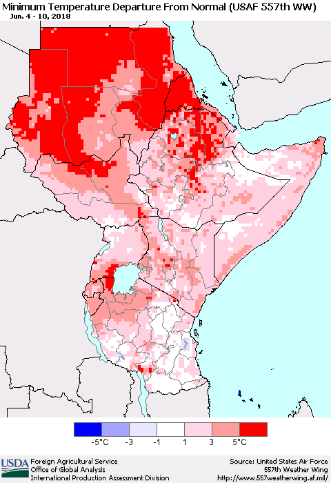 Eastern Africa Mean Minimum Temperature Departure from Normal (USAF 557th WW) Thematic Map For 6/4/2018 - 6/10/2018