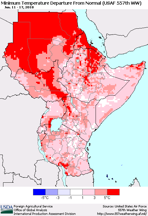 Eastern Africa Mean Minimum Temperature Departure from Normal (USAF 557th WW) Thematic Map For 6/11/2018 - 6/17/2018