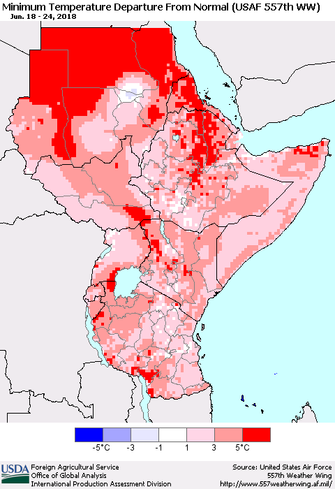 Eastern Africa Mean Minimum Temperature Departure from Normal (USAF 557th WW) Thematic Map For 6/18/2018 - 6/24/2018