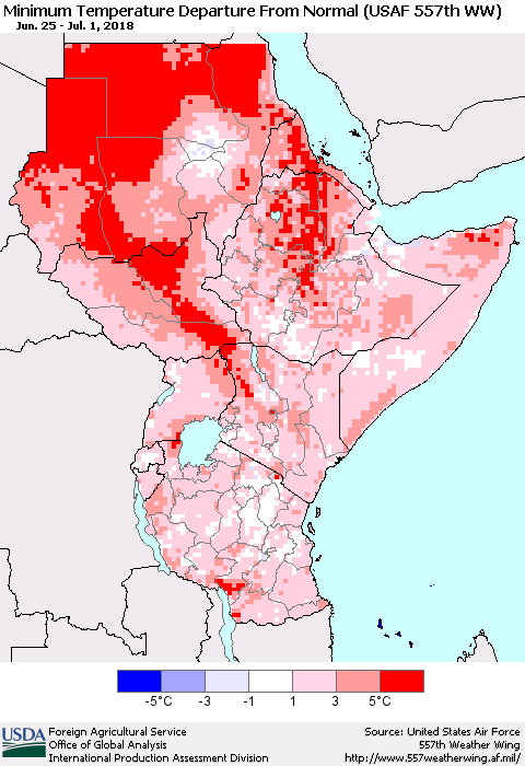 Eastern Africa Mean Minimum Temperature Departure from Normal (USAF 557th WW) Thematic Map For 6/25/2018 - 7/1/2018