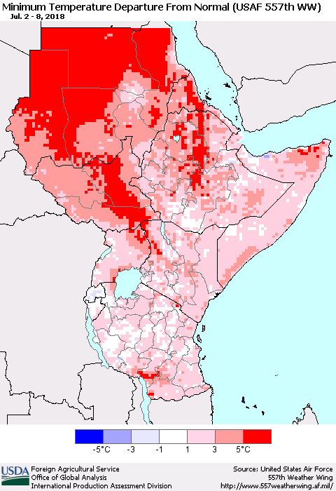 Eastern Africa Mean Minimum Temperature Departure from Normal (USAF 557th WW) Thematic Map For 7/2/2018 - 7/8/2018