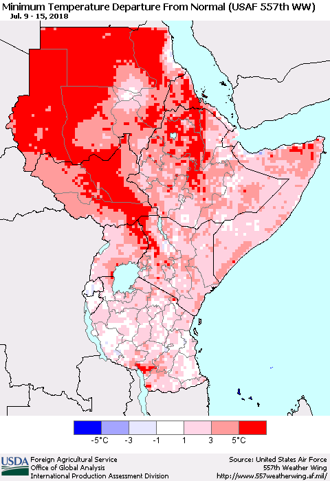 Eastern Africa Mean Minimum Temperature Departure from Normal (USAF 557th WW) Thematic Map For 7/9/2018 - 7/15/2018