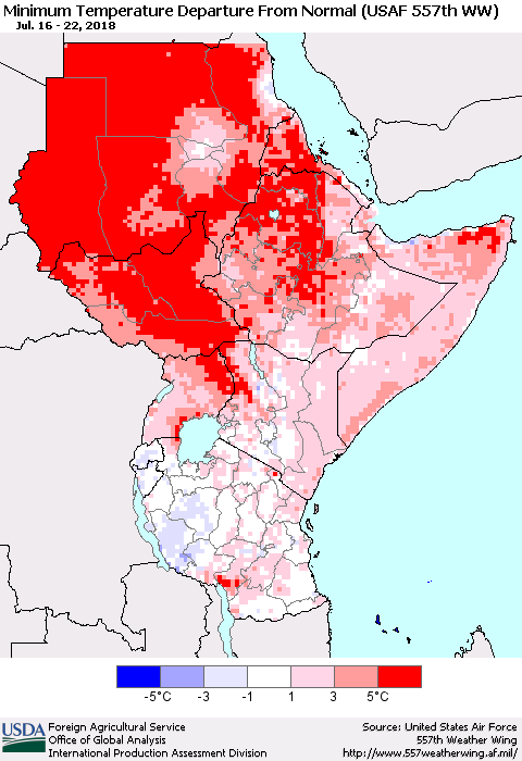 Eastern Africa Mean Minimum Temperature Departure from Normal (USAF 557th WW) Thematic Map For 7/16/2018 - 7/22/2018