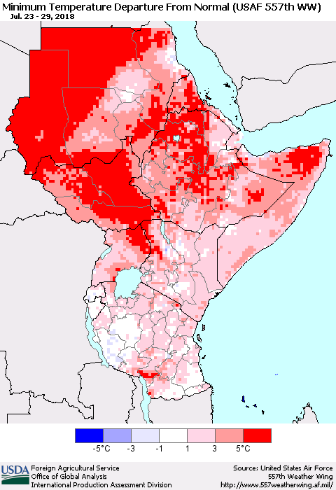 Eastern Africa Mean Minimum Temperature Departure from Normal (USAF 557th WW) Thematic Map For 7/23/2018 - 7/29/2018