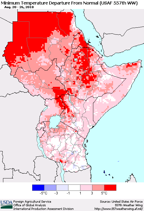 Eastern Africa Mean Minimum Temperature Departure from Normal (USAF 557th WW) Thematic Map For 8/20/2018 - 8/26/2018