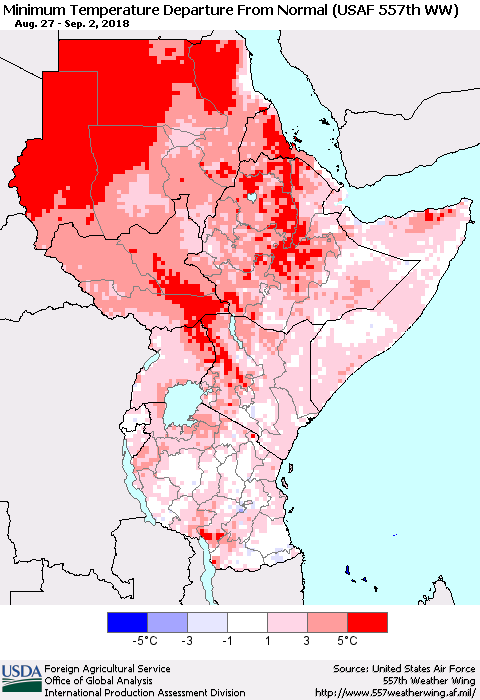 Eastern Africa Mean Minimum Temperature Departure from Normal (USAF 557th WW) Thematic Map For 8/27/2018 - 9/2/2018