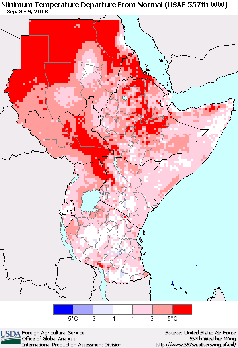 Eastern Africa Mean Minimum Temperature Departure from Normal (USAF 557th WW) Thematic Map For 9/3/2018 - 9/9/2018
