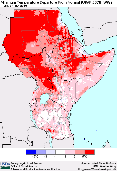 Eastern Africa Mean Minimum Temperature Departure from Normal (USAF 557th WW) Thematic Map For 9/17/2018 - 9/23/2018