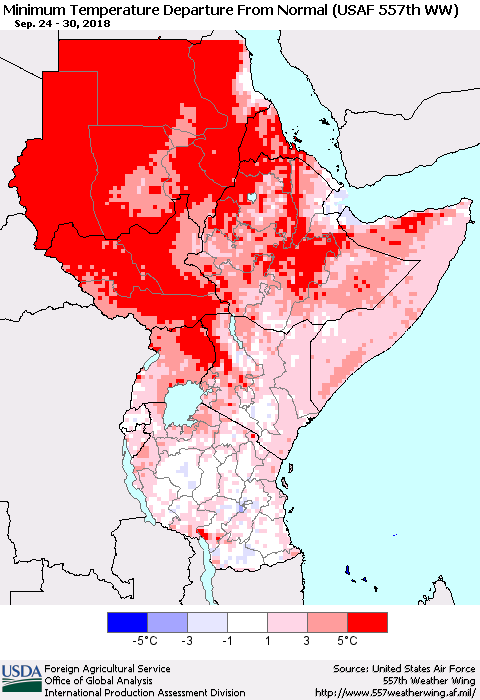 Eastern Africa Mean Minimum Temperature Departure from Normal (USAF 557th WW) Thematic Map For 9/24/2018 - 9/30/2018