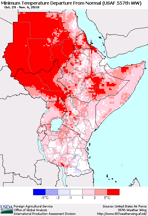 Eastern Africa Mean Minimum Temperature Departure from Normal (USAF 557th WW) Thematic Map For 10/29/2018 - 11/4/2018