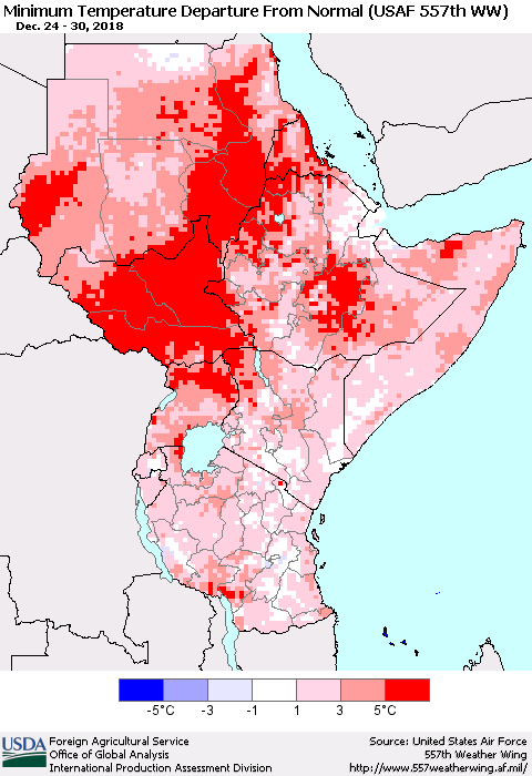 Eastern Africa Mean Minimum Temperature Departure from Normal (USAF 557th WW) Thematic Map For 12/24/2018 - 12/30/2018