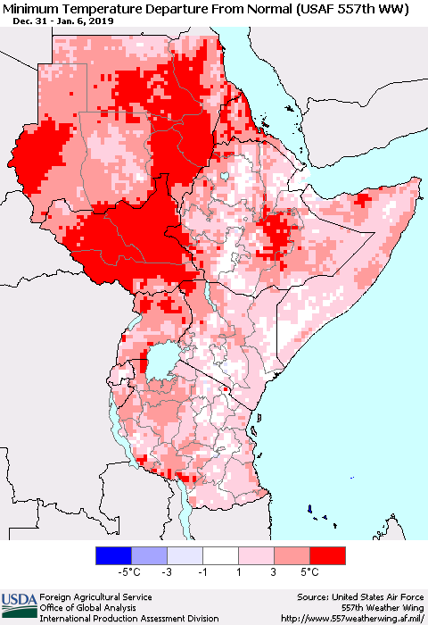 Eastern Africa Mean Minimum Temperature Departure from Normal (USAF 557th WW) Thematic Map For 12/31/2018 - 1/6/2019