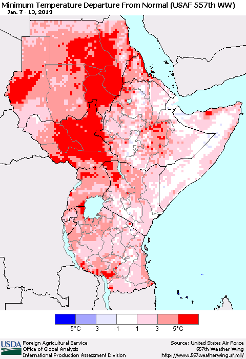 Eastern Africa Mean Minimum Temperature Departure from Normal (USAF 557th WW) Thematic Map For 1/7/2019 - 1/13/2019