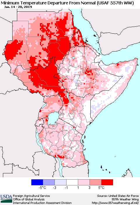 Eastern Africa Mean Minimum Temperature Departure from Normal (USAF 557th WW) Thematic Map For 1/14/2019 - 1/20/2019