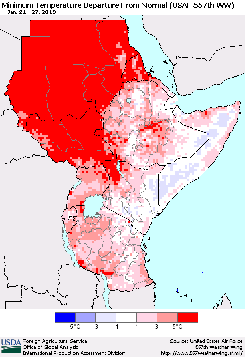 Eastern Africa Mean Minimum Temperature Departure from Normal (USAF 557th WW) Thematic Map For 1/21/2019 - 1/27/2019