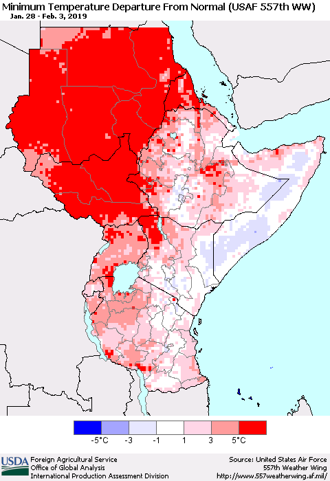Eastern Africa Mean Minimum Temperature Departure from Normal (USAF 557th WW) Thematic Map For 1/28/2019 - 2/3/2019