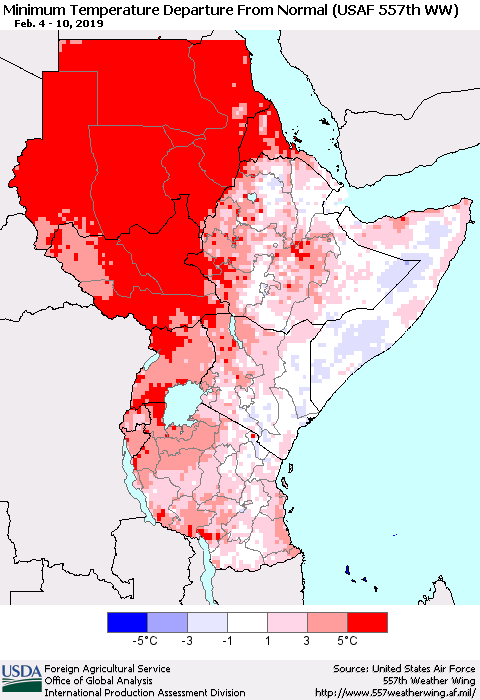 Eastern Africa Mean Minimum Temperature Departure from Normal (USAF 557th WW) Thematic Map For 2/4/2019 - 2/10/2019