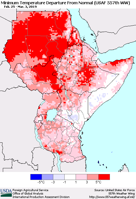 Eastern Africa Mean Minimum Temperature Departure from Normal (USAF 557th WW) Thematic Map For 2/25/2019 - 3/3/2019