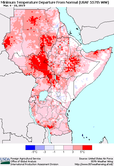 Eastern Africa Mean Minimum Temperature Departure from Normal (USAF 557th WW) Thematic Map For 3/4/2019 - 3/10/2019
