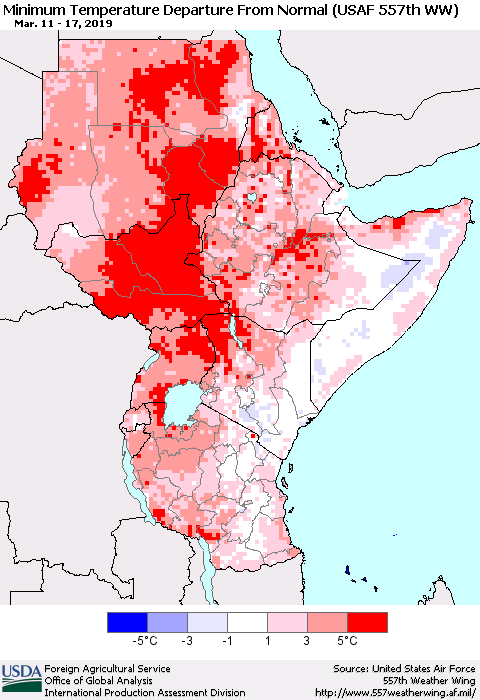 Eastern Africa Mean Minimum Temperature Departure from Normal (USAF 557th WW) Thematic Map For 3/11/2019 - 3/17/2019