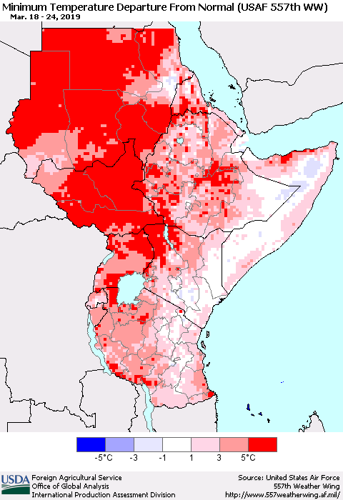 Eastern Africa Mean Minimum Temperature Departure from Normal (USAF 557th WW) Thematic Map For 3/18/2019 - 3/24/2019