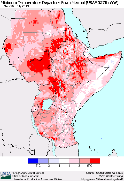 Eastern Africa Mean Minimum Temperature Departure from Normal (USAF 557th WW) Thematic Map For 3/25/2019 - 3/31/2019