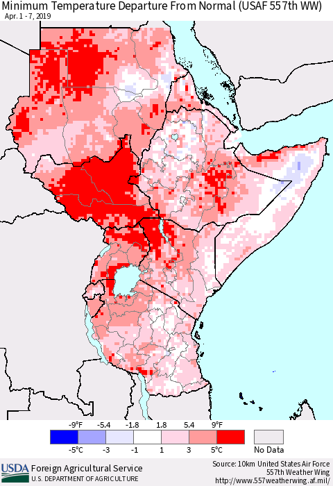 Eastern Africa Mean Minimum Temperature Departure from Normal (USAF 557th WW) Thematic Map For 4/1/2019 - 4/7/2019