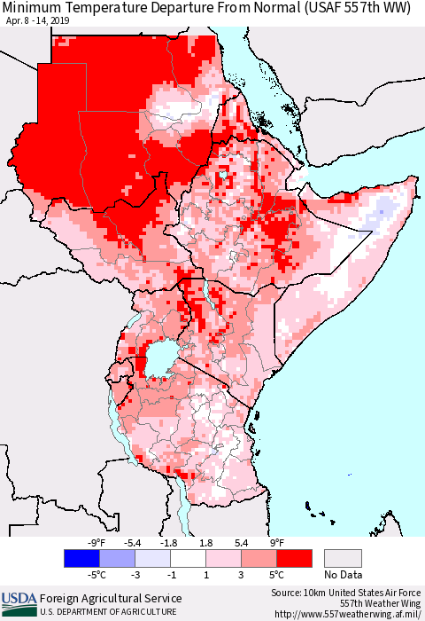 Eastern Africa Mean Minimum Temperature Departure from Normal (USAF 557th WW) Thematic Map For 4/8/2019 - 4/14/2019