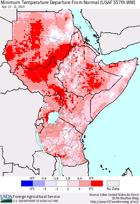 Eastern Africa Mean Minimum Temperature Departure from Normal (USAF 557th WW) Thematic Map For 4/15/2019 - 4/21/2019