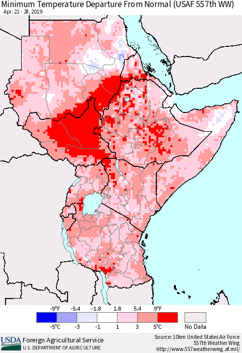 Eastern Africa Mean Minimum Temperature Departure from Normal (USAF 557th WW) Thematic Map For 4/22/2019 - 4/28/2019