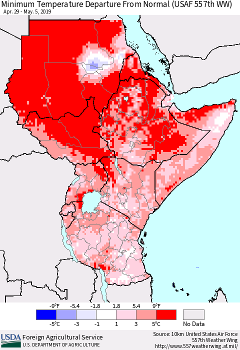 Eastern Africa Mean Minimum Temperature Departure from Normal (USAF 557th WW) Thematic Map For 4/29/2019 - 5/5/2019