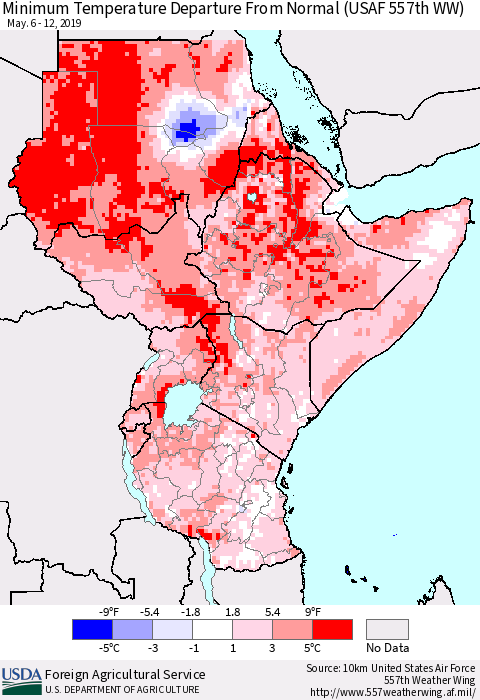Eastern Africa Mean Minimum Temperature Departure from Normal (USAF 557th WW) Thematic Map For 5/6/2019 - 5/12/2019