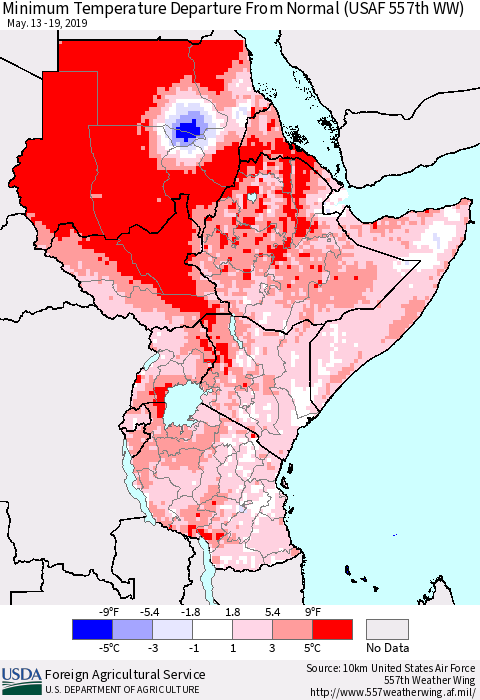 Eastern Africa Mean Minimum Temperature Departure from Normal (USAF 557th WW) Thematic Map For 5/13/2019 - 5/19/2019