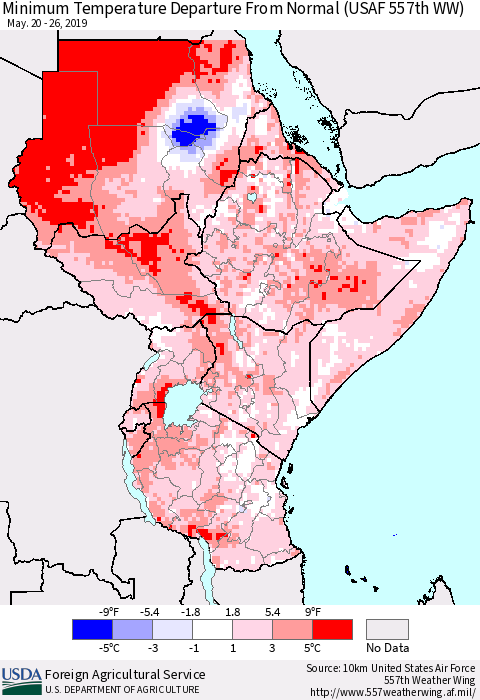 Eastern Africa Mean Minimum Temperature Departure from Normal (USAF 557th WW) Thematic Map For 5/20/2019 - 5/26/2019