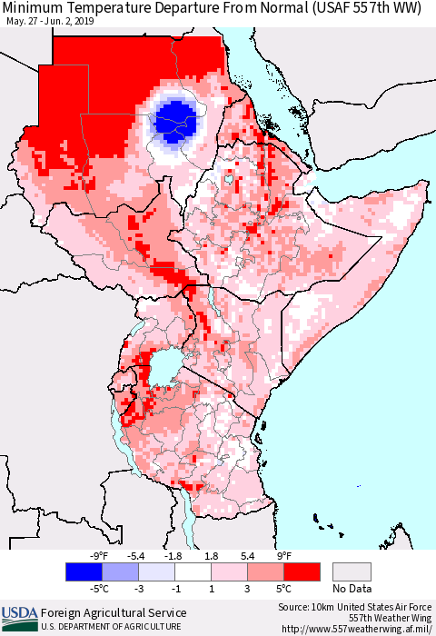 Eastern Africa Mean Minimum Temperature Departure from Normal (USAF 557th WW) Thematic Map For 5/27/2019 - 6/2/2019