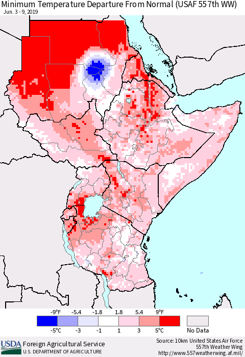 Eastern Africa Mean Minimum Temperature Departure from Normal (USAF 557th WW) Thematic Map For 6/3/2019 - 6/9/2019