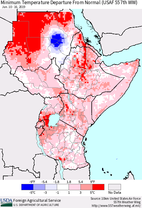 Eastern Africa Mean Minimum Temperature Departure from Normal (USAF 557th WW) Thematic Map For 6/10/2019 - 6/16/2019