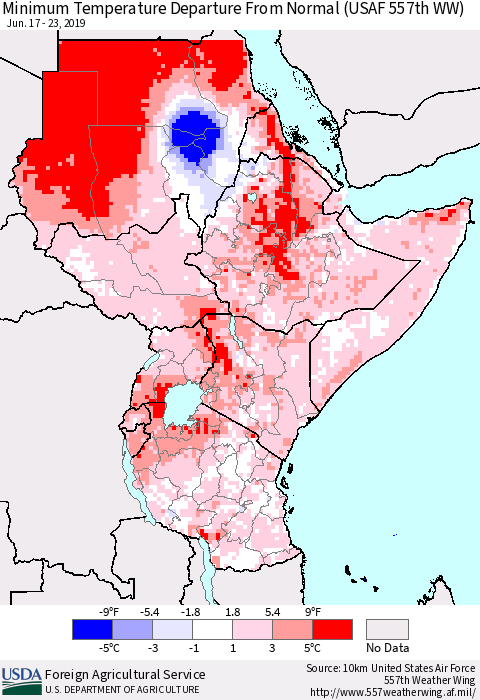 Eastern Africa Mean Minimum Temperature Departure from Normal (USAF 557th WW) Thematic Map For 6/17/2019 - 6/23/2019