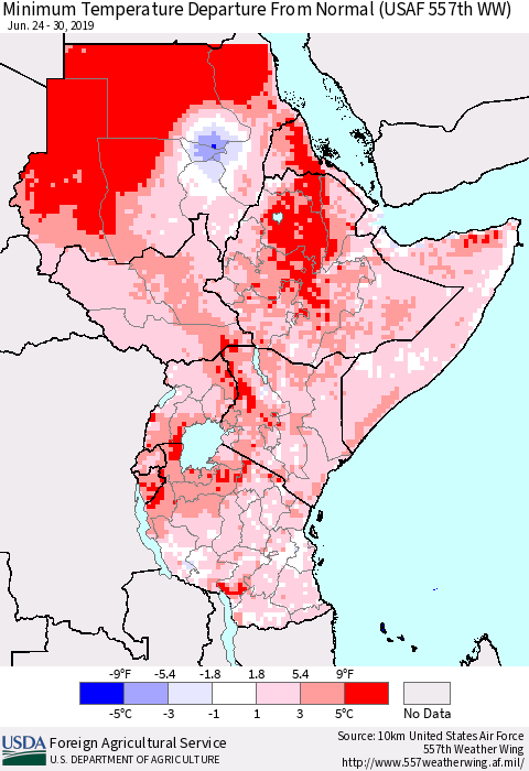 Eastern Africa Mean Minimum Temperature Departure from Normal (USAF 557th WW) Thematic Map For 6/24/2019 - 6/30/2019